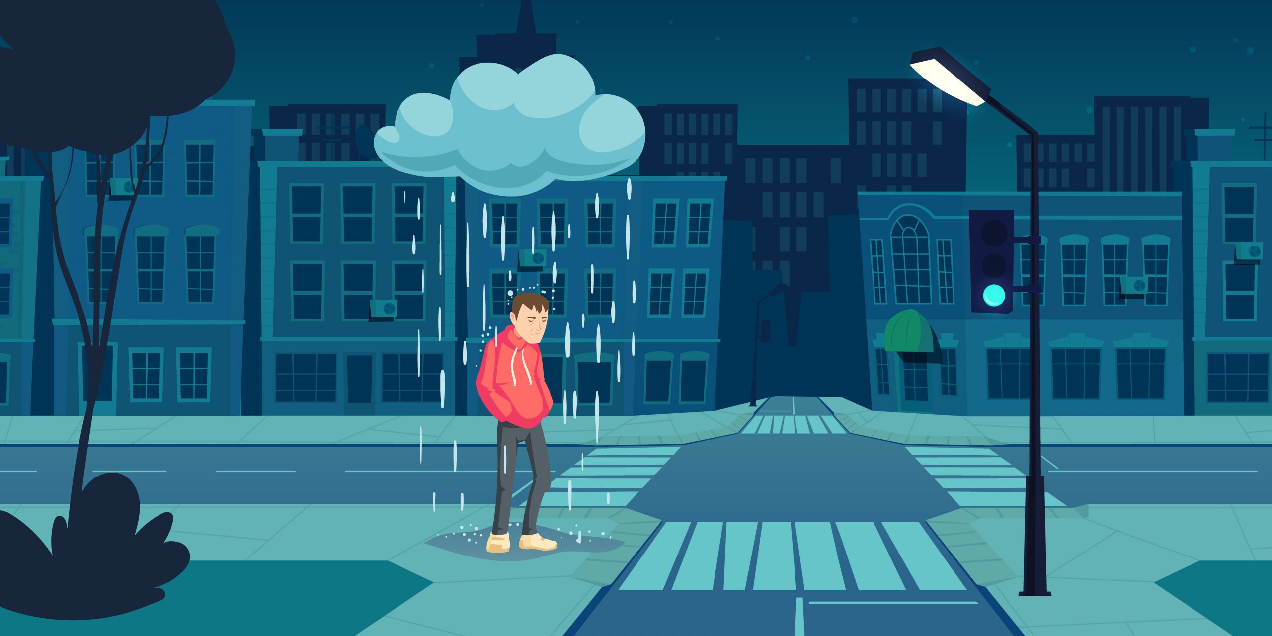 Depressed man stand under cloud with falling rain